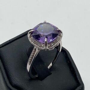 Vtg 925 Sterling Silver & Purple Cushion Cut CZ Heart Setting Ring Sz 10